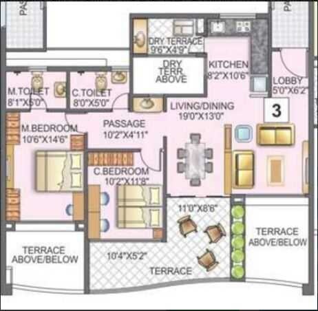 Floor plan of 2 BHK 675 Sq. Ft. Apartment in Kunal Aspiree, Pune