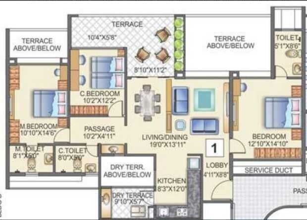 Floor plan of 3 BHK 992 Sq. Ft. Apartment in Kunal Aspiree, Pune