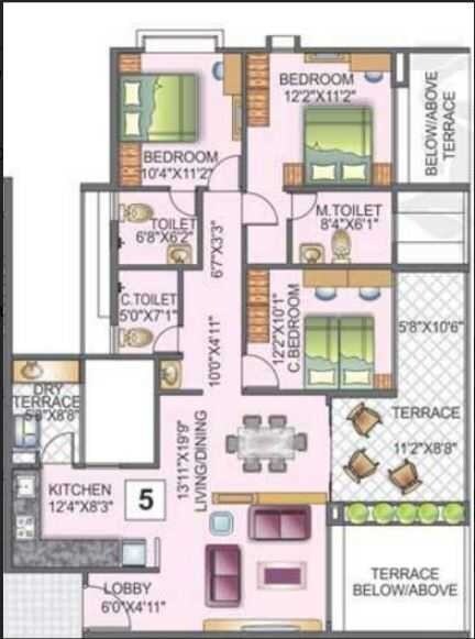 Floor plan of 3 BHK 923 Sq. Ft. Apartment in Kunal Aspiree, Pune