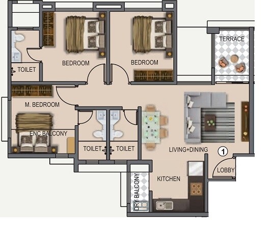 Floor plan of 3 BHK 708 Sq. Ft. Apartment in Kunal Iconia, Pune