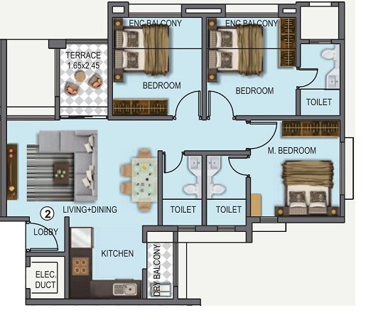 Floor plan of 3 BHK 920 Sq. Ft. Apartment in Kunal Iconia, Pune