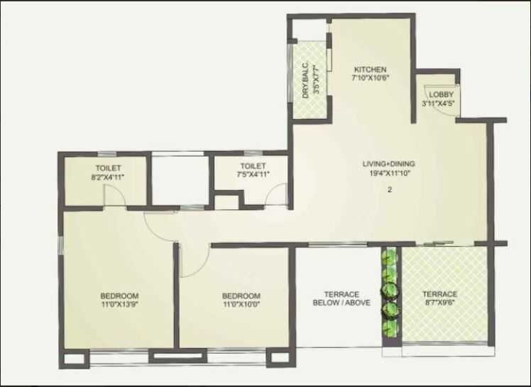 Floor plan of 2 BHK 618 Sq. Ft. Apartment in Kunal Iconia Phase 4, Pune