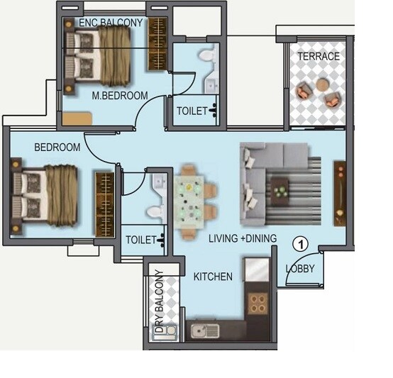 Floor plan of 2 BHK 668 Sq. Ft. Apartment in Kunal Iconia Phase 4, Pune