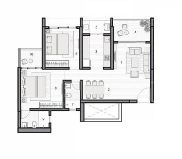 Floor plan of 2 BHK 708 Sq. Ft. Apartment in Kunal The Canary, Pune