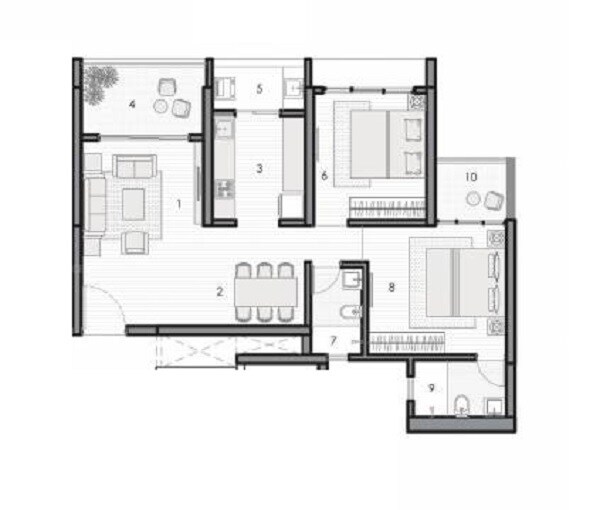 Floor plan of 2 BHK 929 Sq. Ft. Apartment in Kunal The Canary, Pune
