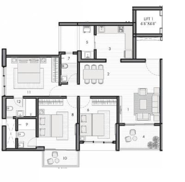 Floor plan of 3 BHK 1371 Sq. Ft. Apartment in Kunal The Canary, Pune
