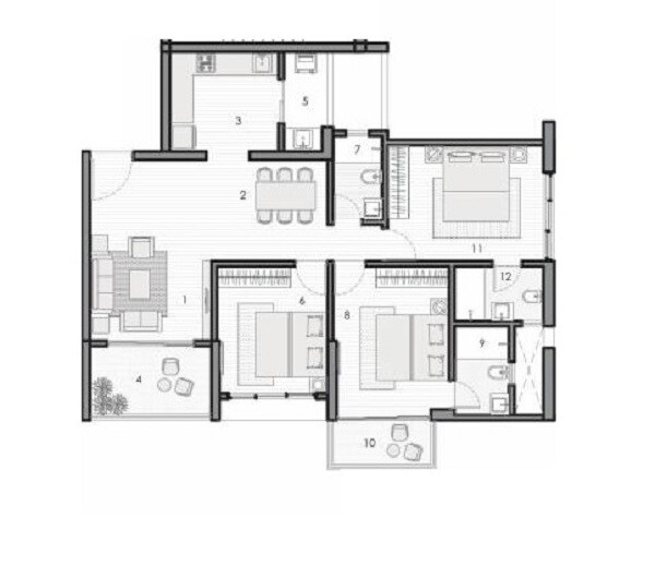 Floor plan of 3 BHK 1109 Sq. Ft. Apartment in Kunal The Canary, Pune