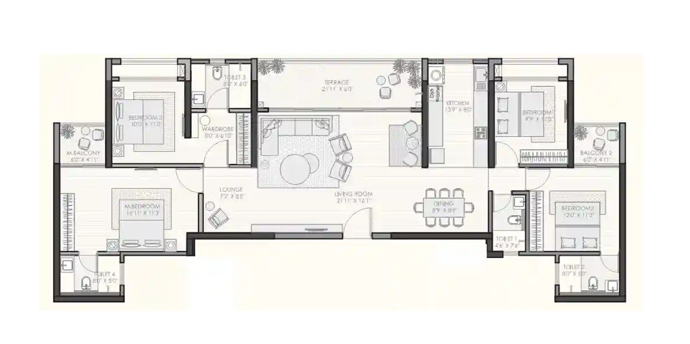Floor plan of 4 BHK 1679 Sq. Ft. Apartment in Kunal The Canary, Pune