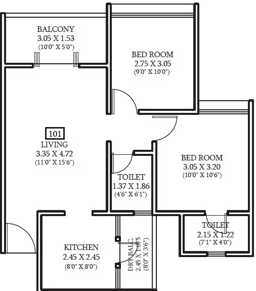 Floor plan of 2 BHK 547 Sq. Ft. Apartment in Kundan Easterlia, Pune