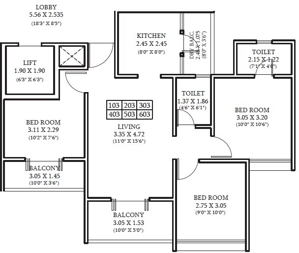 Floor plan of 2 BHK 644 Sq. Ft. Apartment in Kundan Easterlia, Pune