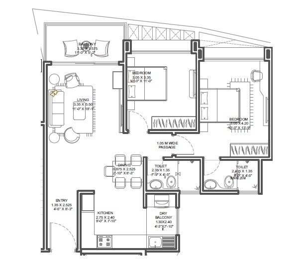 Floor plan of 2 BHK 797 Sq. Ft. Apartment in Kundan Espacio, Pune