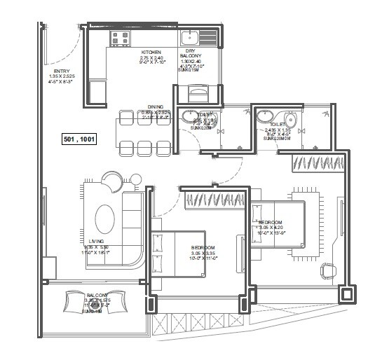 Floor plan of 2 BHK 807 Sq. Ft. Apartment in Kundan Espacio, Pune