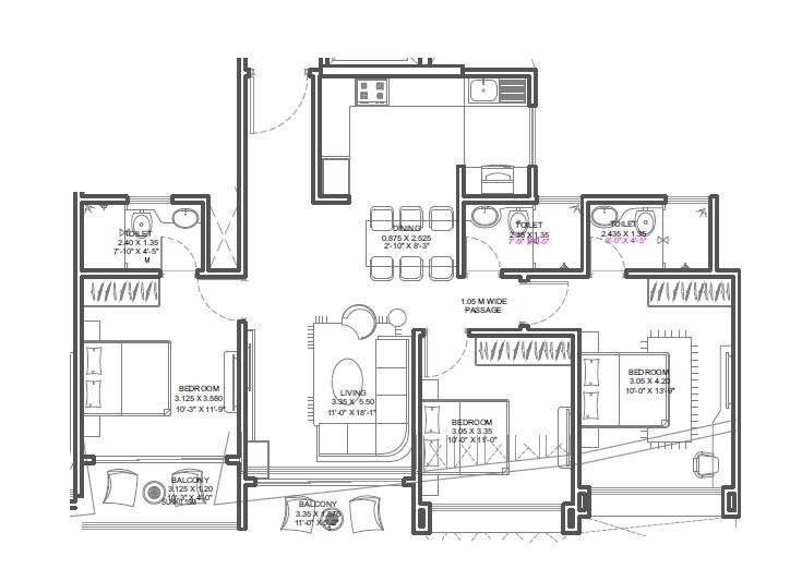 Floor plan of 3 BHK 1015 Sq. Ft. Apartment in Kundan Espacio, Pune
