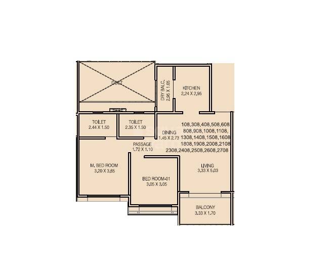 Floor plan of 2 BHK 761 Sq. Ft. Apartment in Kundan Eternia, Pune