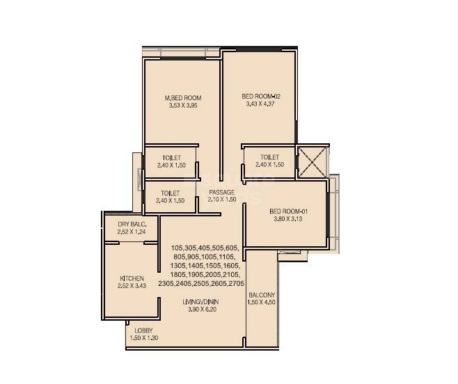 Floor plan of 3 BHK 1206 Sq. Ft. Apartment in Kundan Eternia, Pune