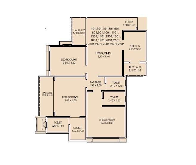 Floor plan of 3 BHK 1166 Sq. Ft. Apartment in Kundan Eternia, Pune