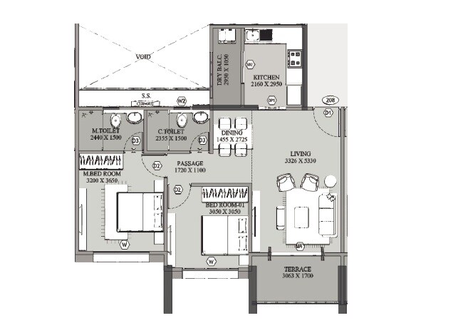 Floor plan of 2 BHK 665 Sq. Ft. Apartment in Kundan Eternia Apartment, Pune