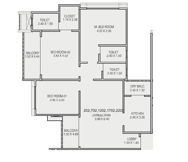 Floor plan of 3 BHK 1022 Sq. Ft. Apartment in Kundan Eternia Apartment, Pune