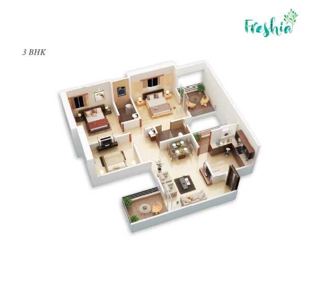 Floor plan of 3 BHK 889 Sq. Ft. Apartment in Kundan Freshia, Pune