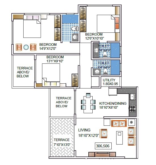 Floor plan of 3 BHK 1208 Sq. Ft. Apartment in Kundan La Ventana, Pune