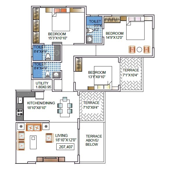 Floor plan of 3 BHK 1315 Sq. Ft. Apartment in Kundan La Ventana, Pune