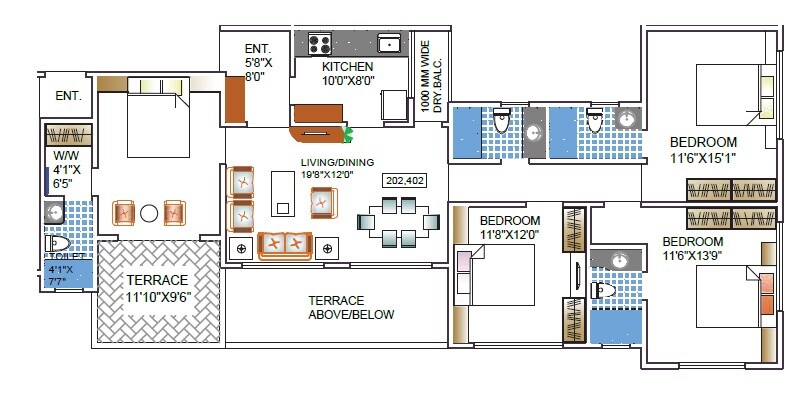 Floor plan of 4 BHK 1440 Sq. Ft. Apartment in Kundan La Ventana, Pune
