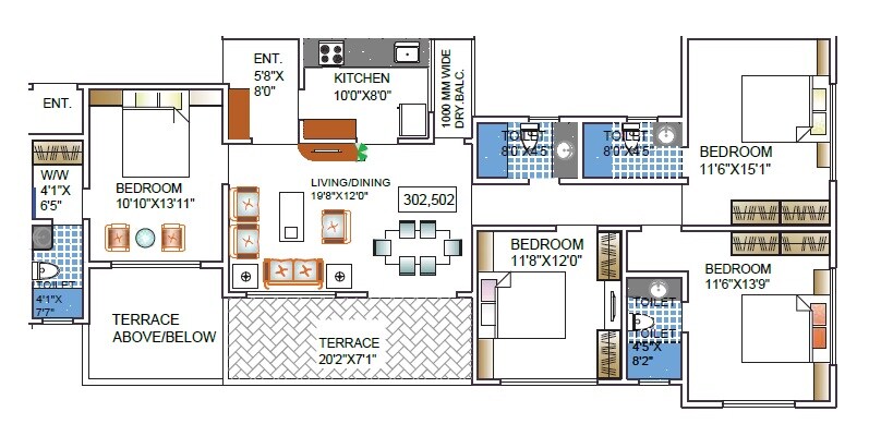 Floor plan of 4 BHK 1478 Sq. Ft. Apartment in Kundan La Ventana, Pune