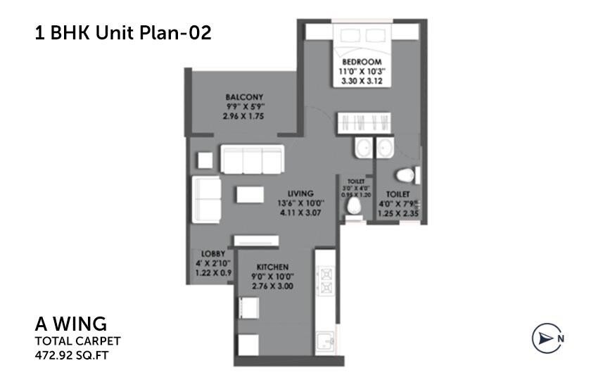Floor plan of 1 BHK 473 Sq. Ft. Apartment in Kundan Prangan, Pune