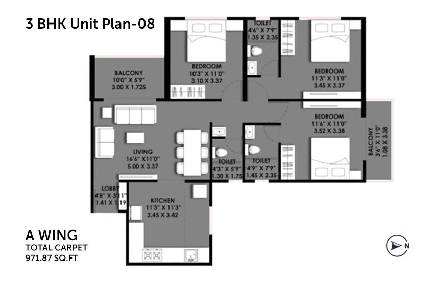 Floor plan of 3 BHK 972 Sq. Ft. Apartment in Kundan Prangan, Pune