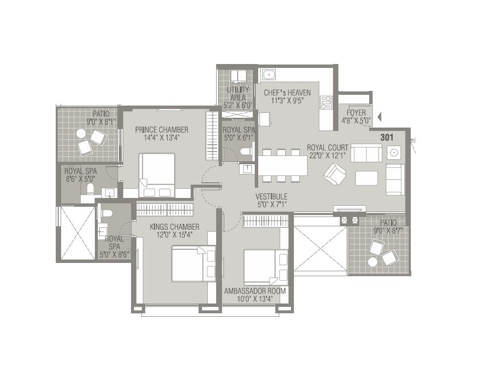 Floor plan of 3 BHK 1239 Sq. Ft. Apartment in Kundan Presidia, Pune