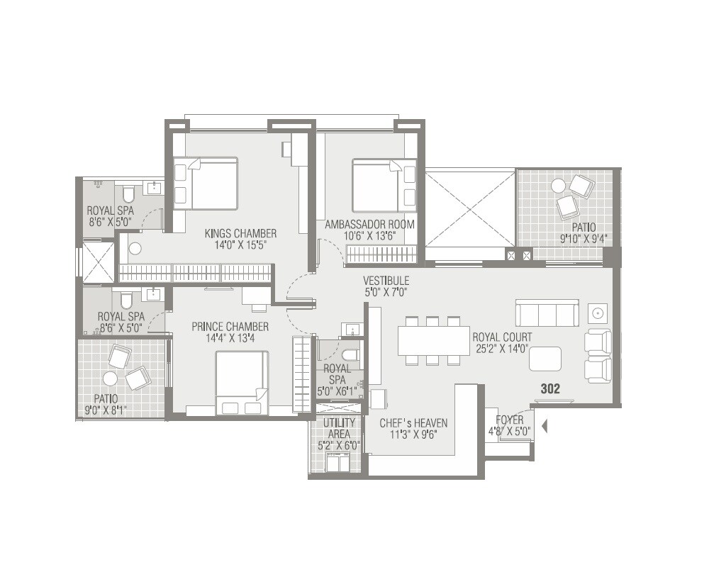 Floor plan of 3 BHK 1388 Sq. Ft. Apartment in Kundan Presidia, Pune