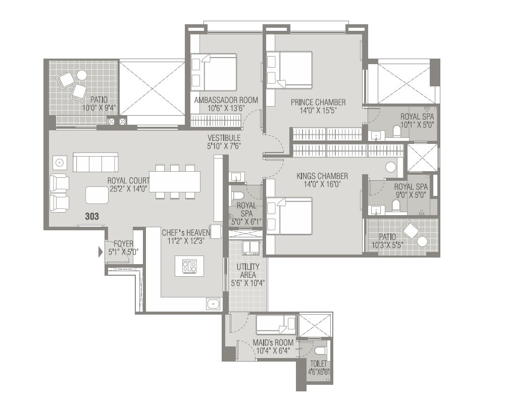 Floor plan of 3 BHK 1458 Sq. Ft. Apartment in Kundan Presidia, Pune