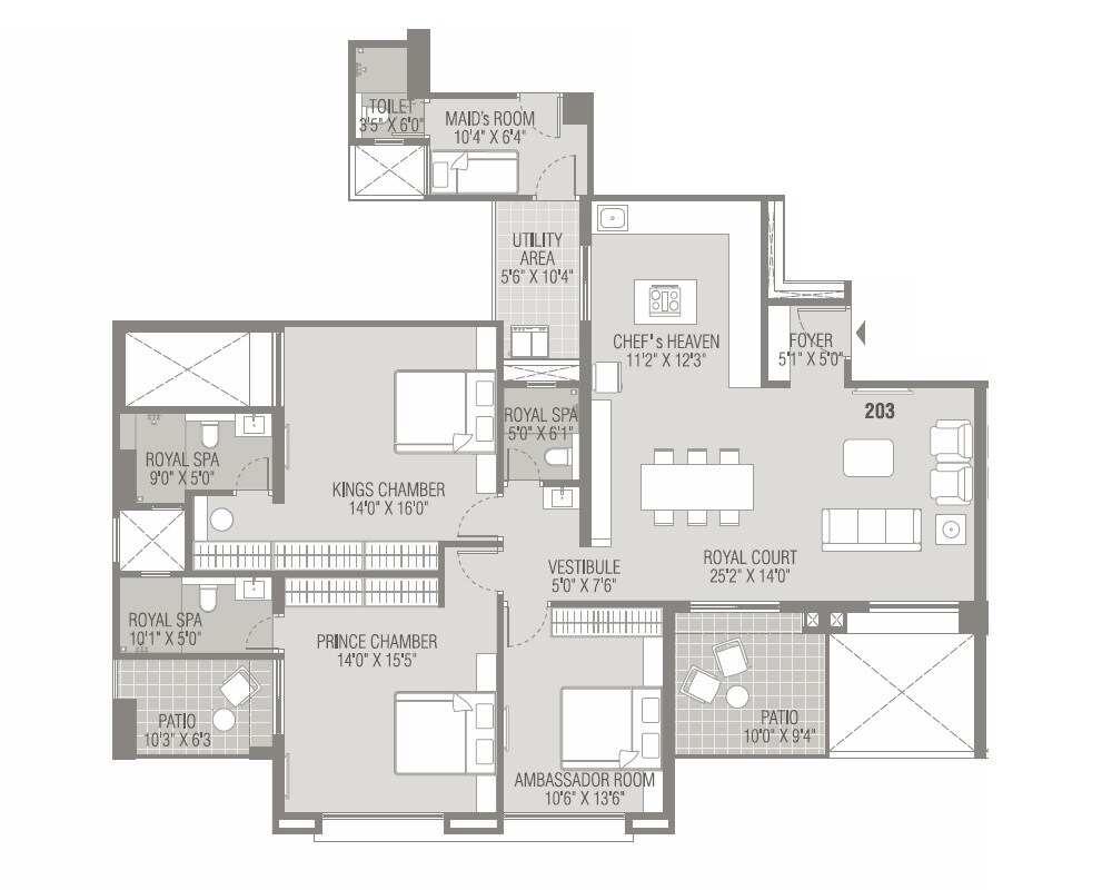 Floor plan of 3 BHK 1687 Sq. Ft. Apartment in Kundan Presidia, Pune