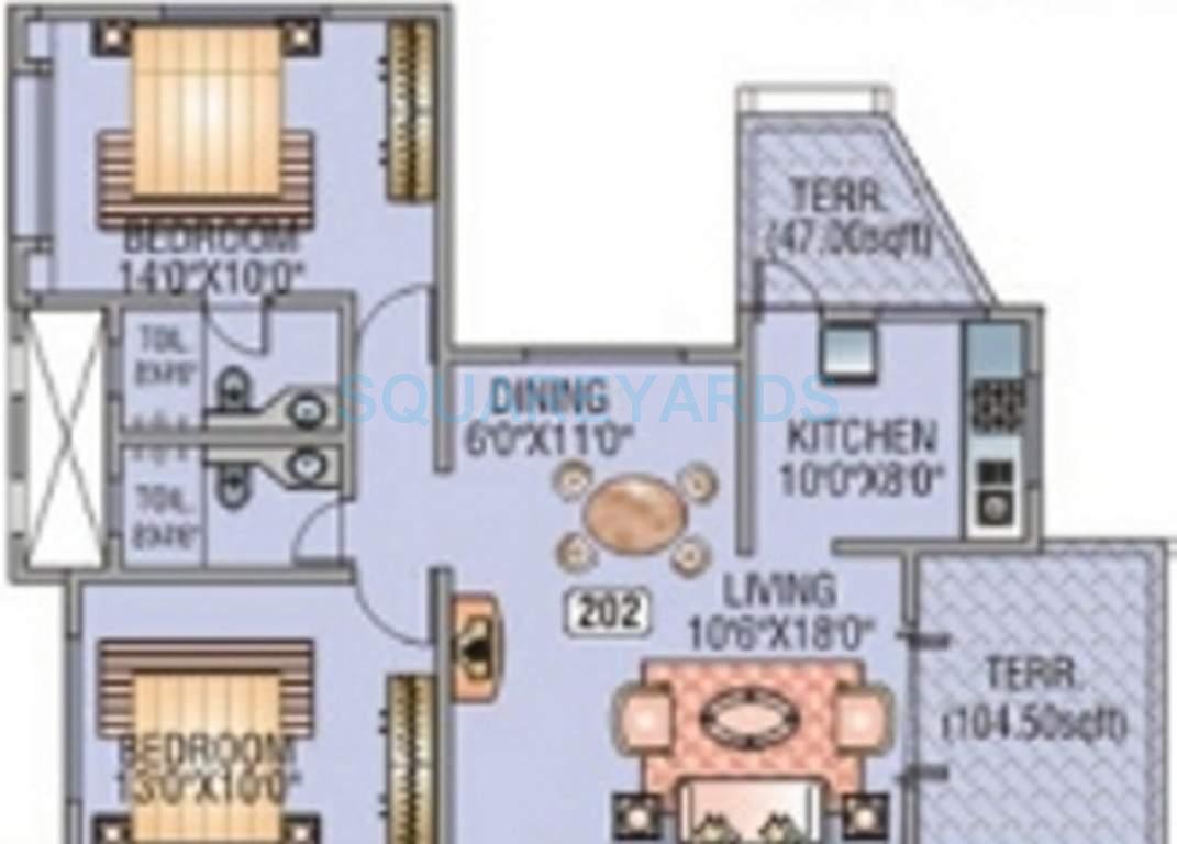 Floor plan of 2 BHK 1057 Sq. Ft. Apartment in Kundan Spaces Heritage, Pune