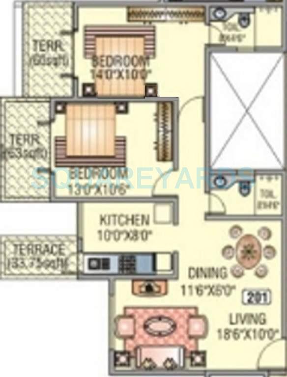 Floor plan of 2 BHK 1125 Sq. Ft. Apartment in Kundan Spaces Heritage, Pune