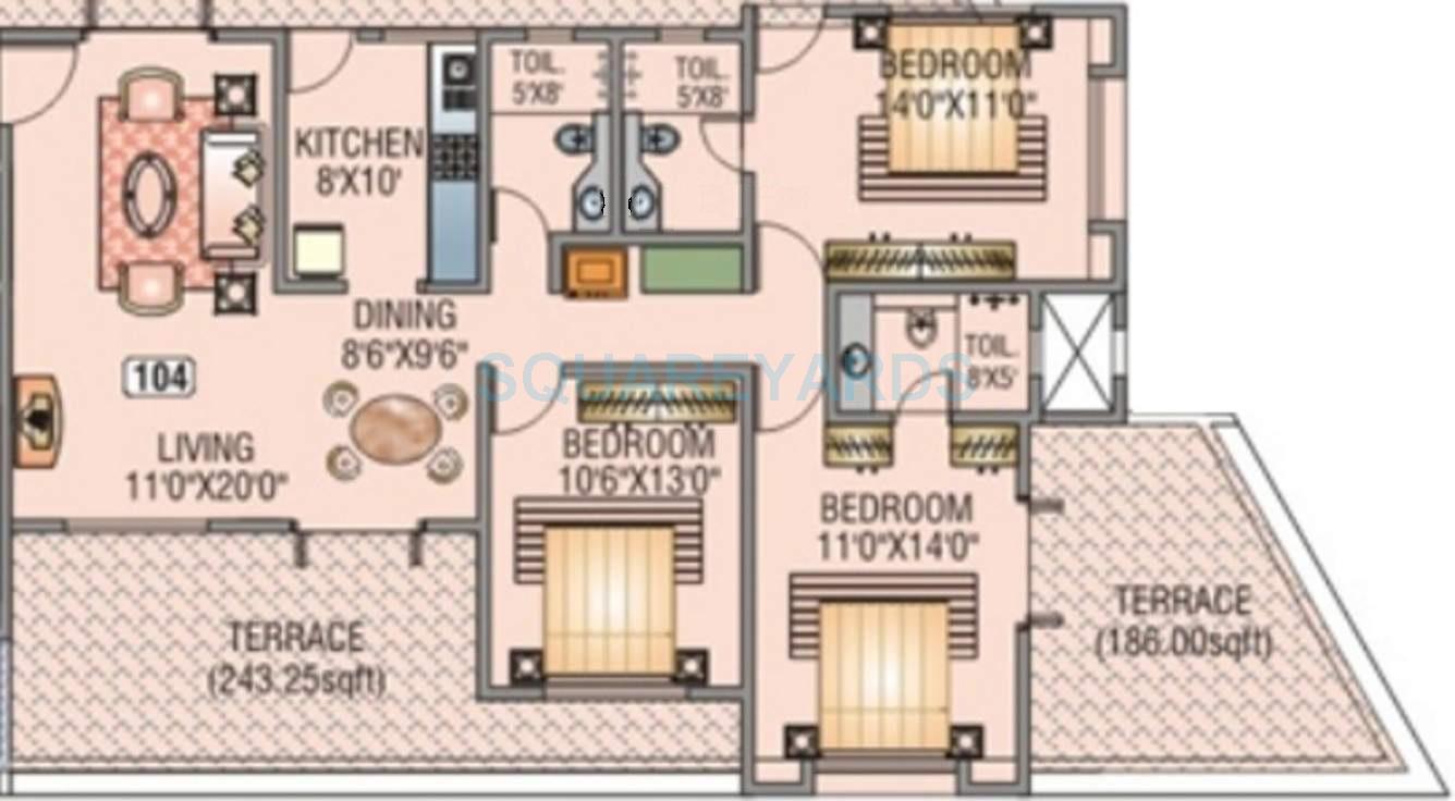 Floor plan of 3 BHK 1422 Sq. Ft. Apartment in Kundan Spaces Heritage, Pune