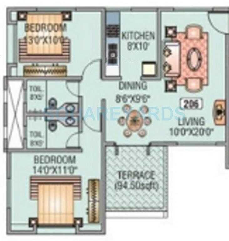 Floor plan of 2 BHK 1093 Sq. Ft. Apartment in Kundan Spaces Heritage, Pune