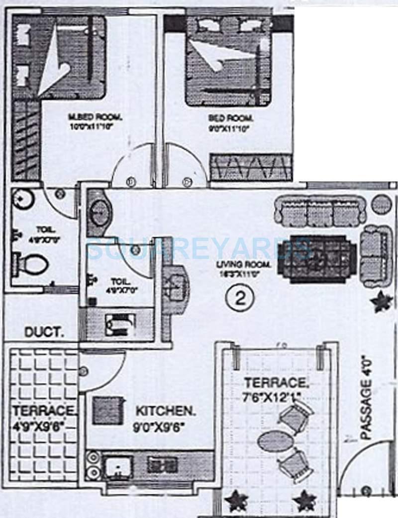 Floor plan of 2 BHK 1083 Sq. Ft. Apartment in Kundan Spaces House, Pune