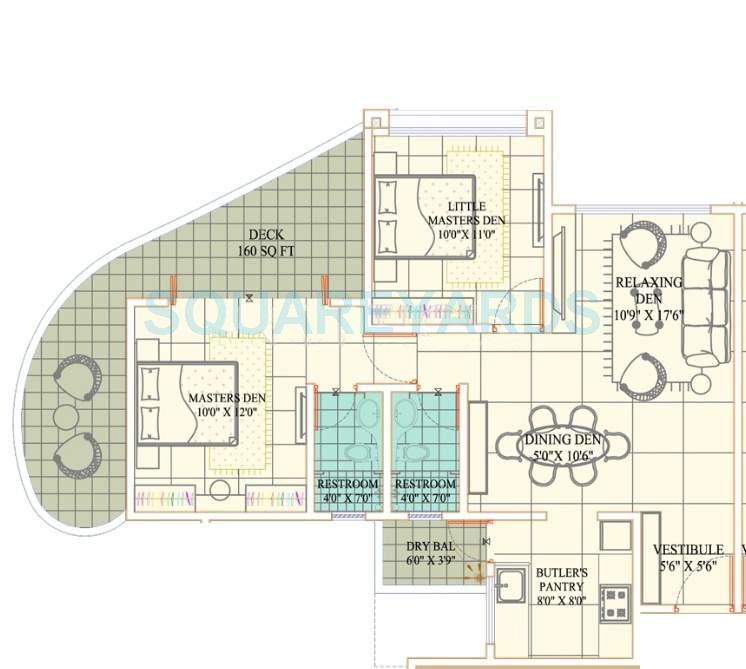 Floor plan of 2 BHK Apartment - 1096 sq. ft. in Kundan Spaces Paradise, Pune