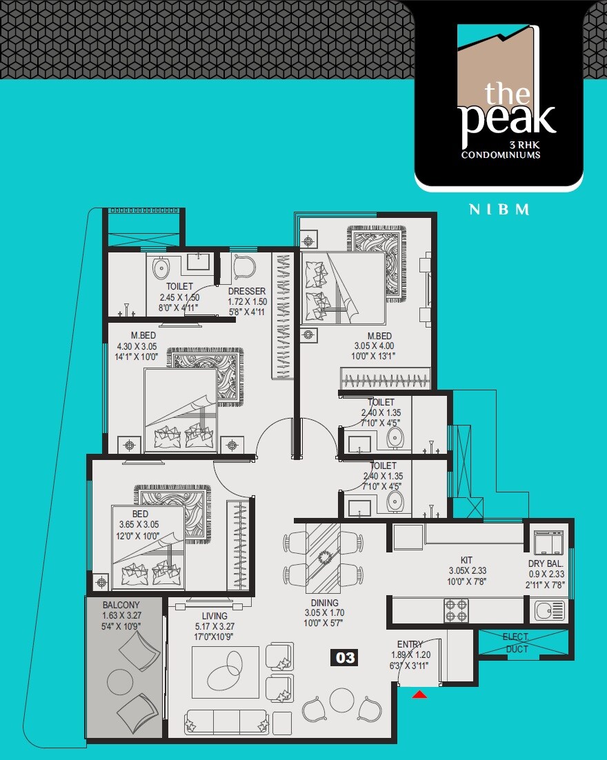Floor plan of 3 BHK 1053 Sq. Ft. Apartment in Kundan The Peak, Pune