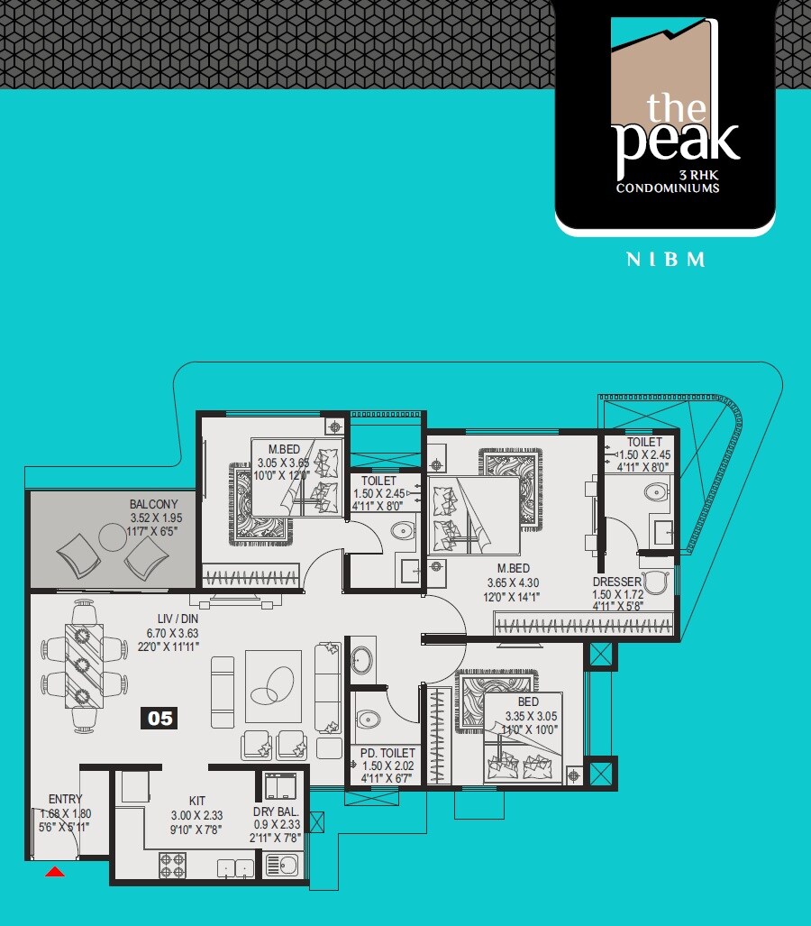 Floor plan of 3 BHK 1288 Sq. Ft. Apartment in Kundan The Peak, Pune