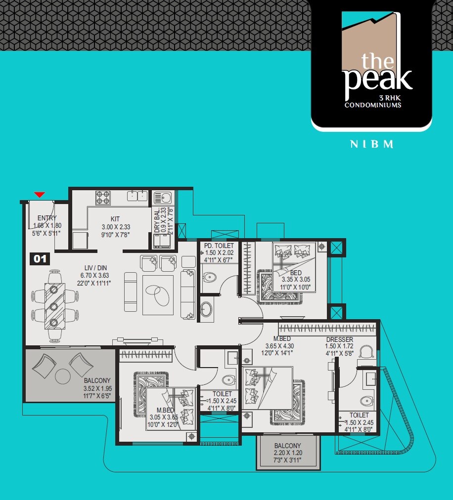 Floor plan of 3 BHK 1771 Sq. Ft. Apartment in Kundan The Peak, Pune