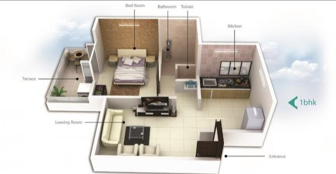 Floor plan of 1 BHK 640 Sq. Ft. Apartment in Kute Sukhvastu, Pune