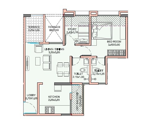 Floor plan of 2 BHK 750 Sq. Ft. Apartment in Kwality Vrindavan Heights, Pune