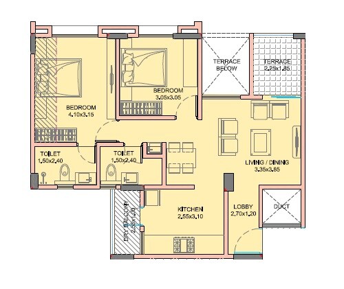Floor plan of 2 BHK 836 Sq. Ft. Apartment in Kwality Vrindavan Heights, Pune