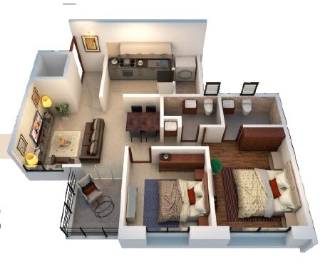 Floor plan of 2 BHK 885 Sq. Ft. Apartment in Kwality Vrindavan Heights Phase 2, Pune