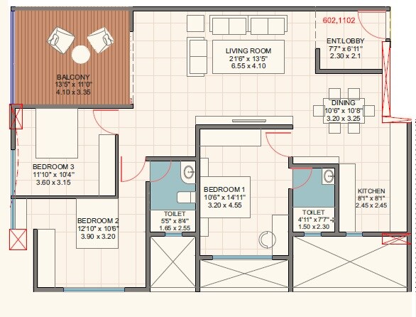 Floor plan of 3 BHK 1618 Sq. Ft. Apartment in Lagoo Anand, Pune