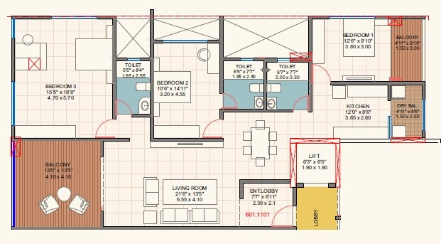 Floor plan of 3 BHK 1622 Sq. Ft. Apartment in Lagoo Anand, Pune