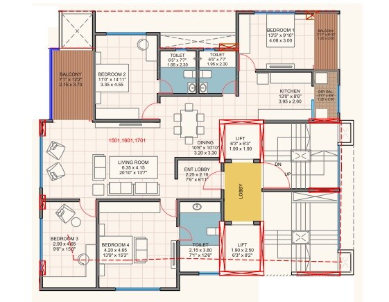 Floor plan of 4 BHK 1669 Sq. Ft. Apartment in Lagoo Anand, Pune
