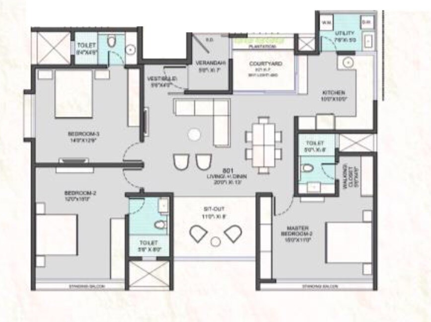Floor plan of 3 BHK 1158 Sq. Ft. Apartment in Lagoo Bilvadal, Pune